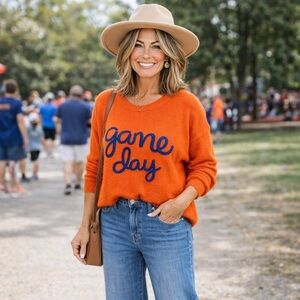 BiBi Vibrant Orange Sweater with Blue Game Day Design
